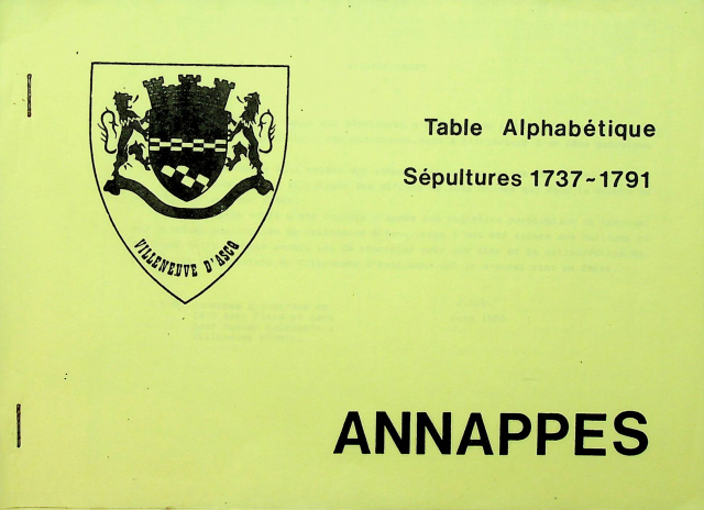 Annappes Table alphabétique sépultures 1737 à 1791